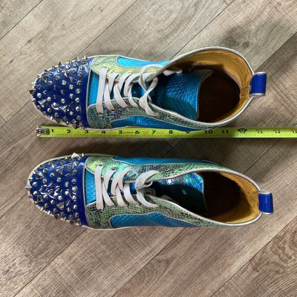 Blue Leather High-Top Snakeskin Shoes w/Spikes Lace-Up Ankle Boots Men's Size 10 - Picture 8 of 10